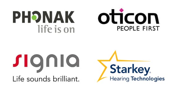 Hearing aid manufacturers logos: Phonak, Oticon, Signia and Starkey.